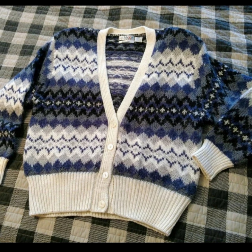 Vtg Y2K oversized cardigan ladies L Le Moda Mr Rogers wide stripe Grampacore
